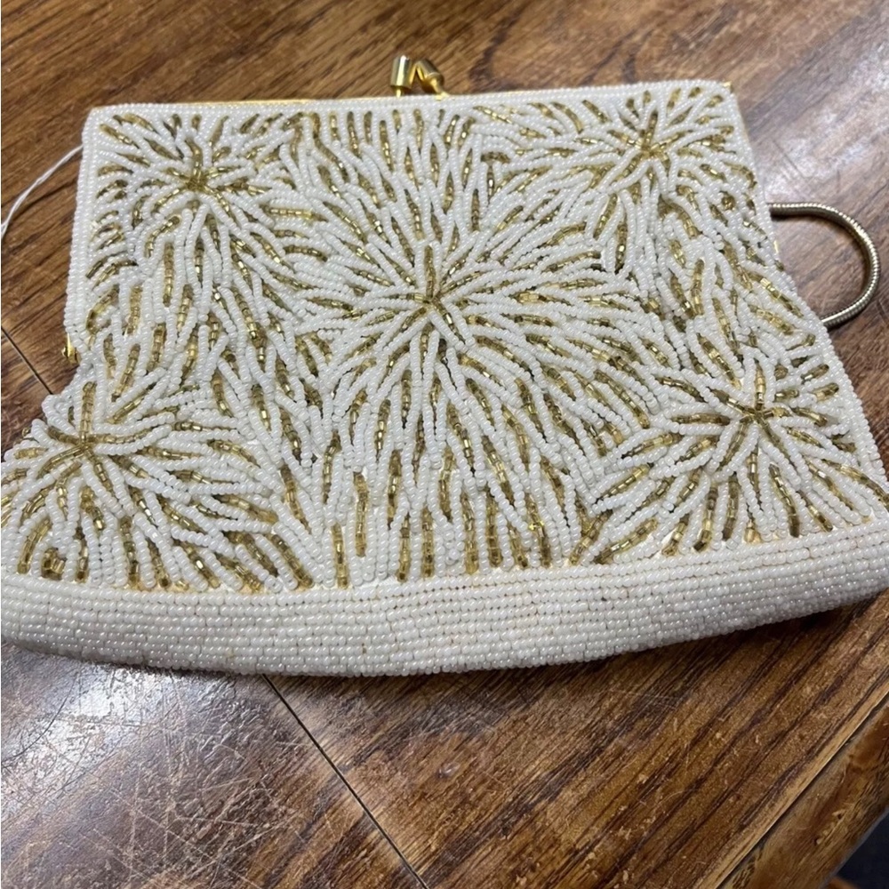 Vintage French handmade White Beaded Clutch with Gold Floral Burst - Picture 7 of 9